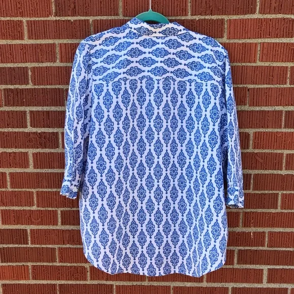 Chicos blue white patterned button up shirt blouse linen size 3 Large - Picture 5 of 6